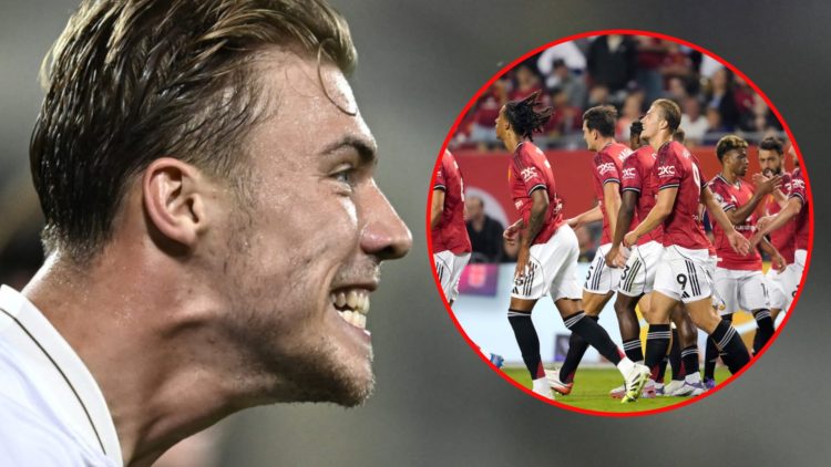 Rasmus Hojlund celebrates during the Serie A match between Fiorentina and Napoli at the Artemio Franchi in 2025, inset the Manchester United and De...