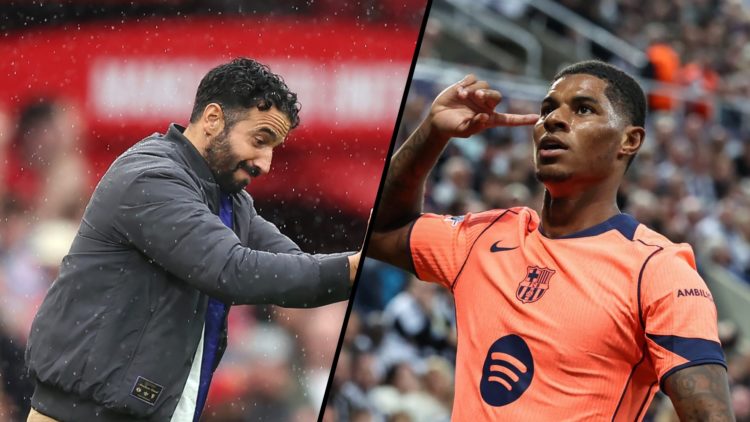 Split image, Rúben Amorim gesturing to Manchester United players during game and Marcus Rashford celebrates by pointing to his head for Barcelona.