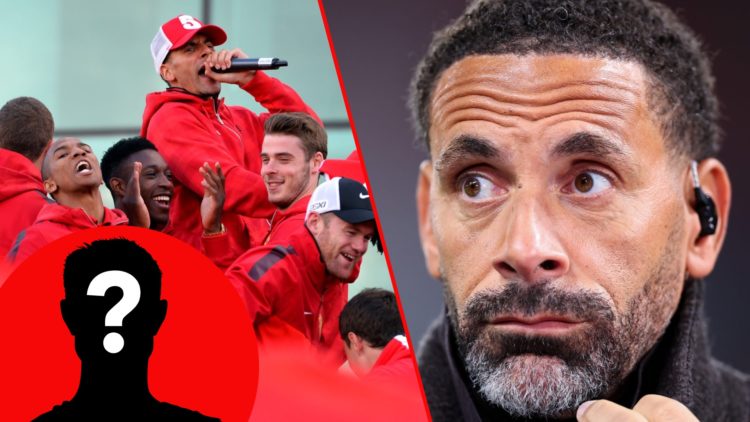 Rio Ferdinand working as a TV pundit for TNT Sports, inset the Manchester United legend as a player during his Premier League spell at Old Trafford.