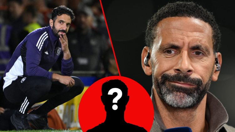 Former Manchester United and England defender Rio Ferdinand during a Champions League match, inset Red Devils head coach Ruben Amorim.