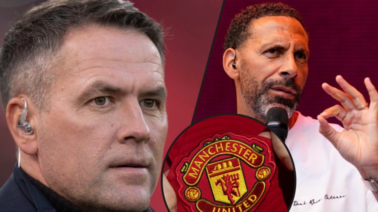 Former Manchester United and England defender Rio Ferdinand, inset former Premier League striker Michael Owen, inset the Red Devils’ club crest.