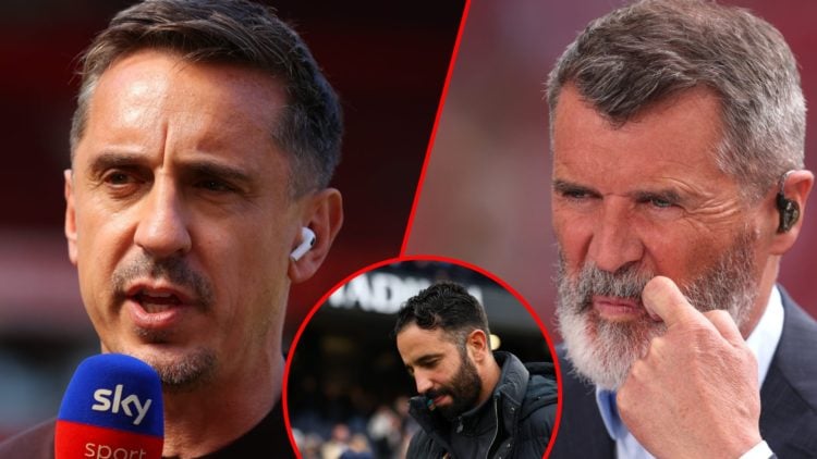 Ruben Amorim during the Premier League match between Manchester City and Manchester United at the Etihad, inset Roy Keane, inset Gary Neville.