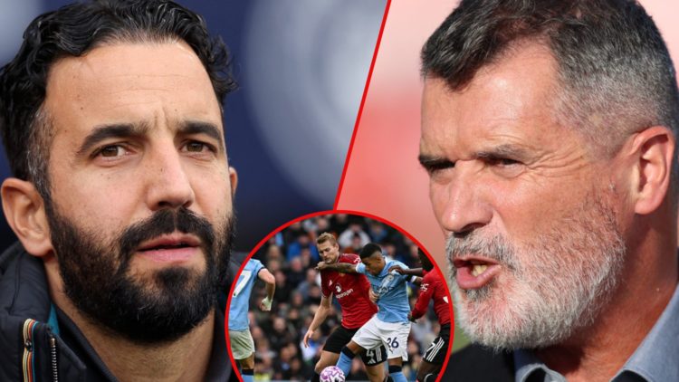 Sky Sports pundit Roy Keane, inset Ruben Amorim at the Etihad, inset Manchester United players against Manchester City in their Premier League match.