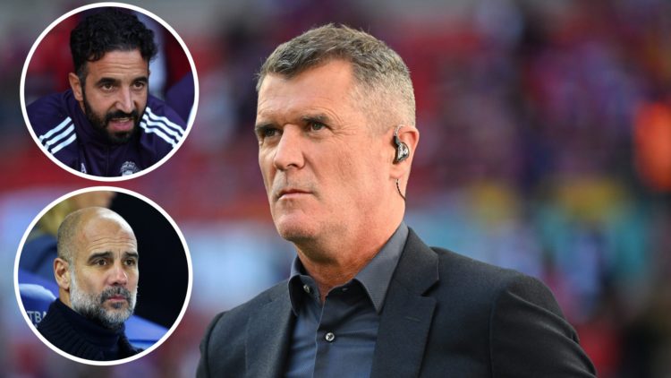 Roy Keane split image with Ruben Amorim and Pep Guardiola