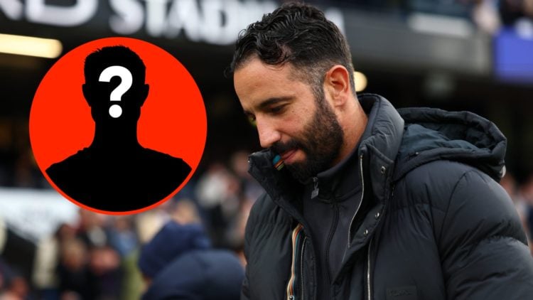 Ruben Amorim looking at the ground. Overlaid mystery player icon.