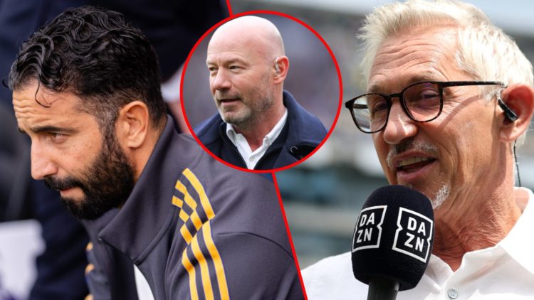 Ruben Amorim during the Premier League match between Fulham and Manchester United at Craven Cottage, inset Alan Shearer, inset Gary Lineker.