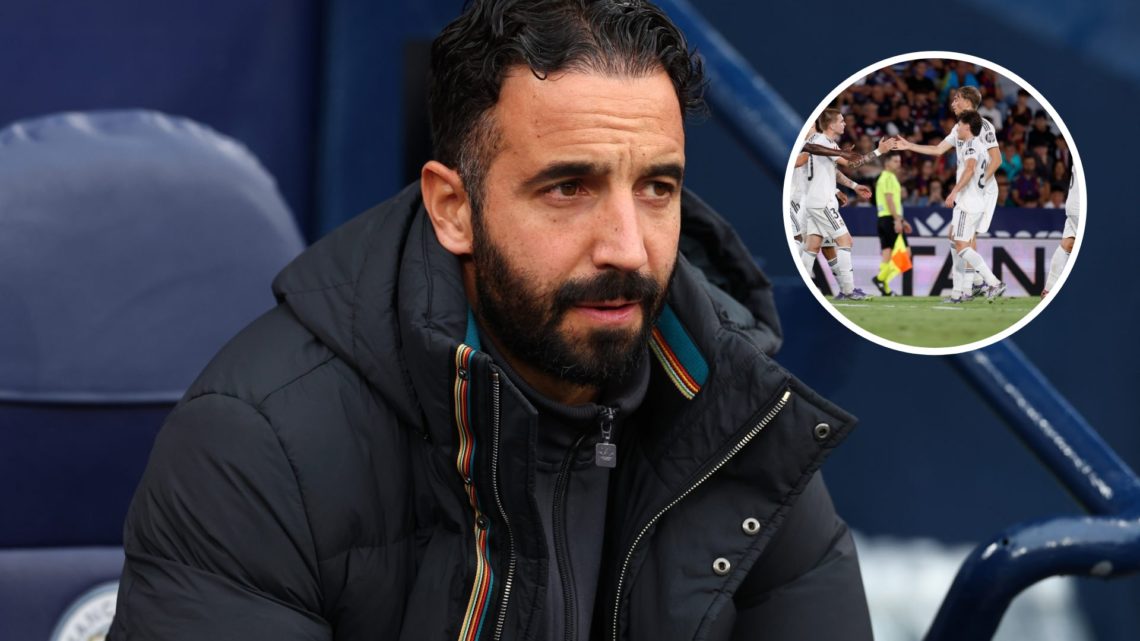 Manchester United head coach Ruben Amorim sat on the bench, inset of Alvaro Fernandez playing for Real Madrid.
