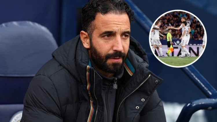 Manchester United head coach Ruben Amorim sat on the bench, inset of Alvaro Fernandez playing for Real Madrid.
