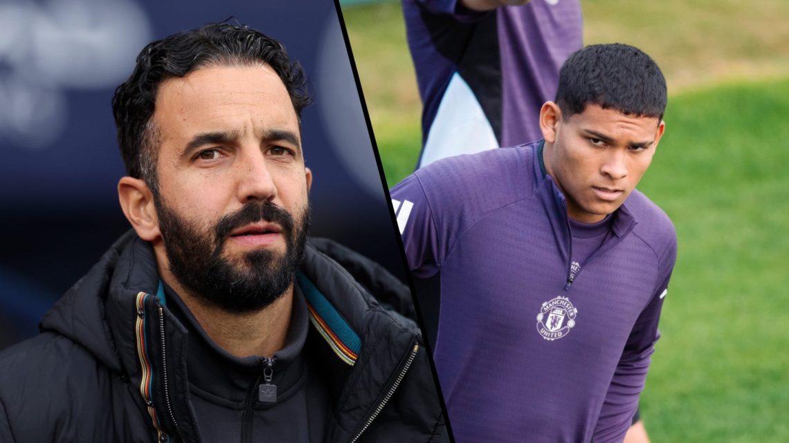 Split image, Ruben Amorim close up wearing coat and Diego Leon in Manchester United training.