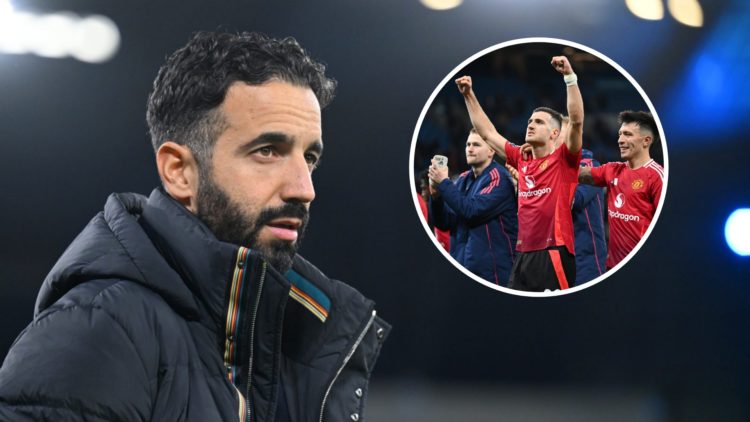 Manchester United head coach Ruben Amorim, inset of Diogo Dalot celebrating a win over Manchester City.
