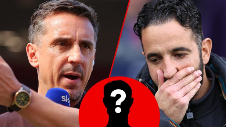 Sky Sports pundit Gary Neville at Old Trafford, inset Manchester United manager Ruben Amorim after the Premier League match vs Manchester City at t...
