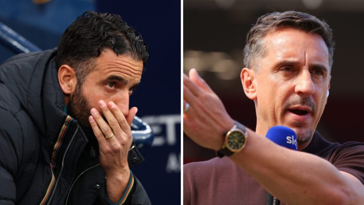 Split image of Manchester United head coach Ruben Amorim and pundit Gary Neville.