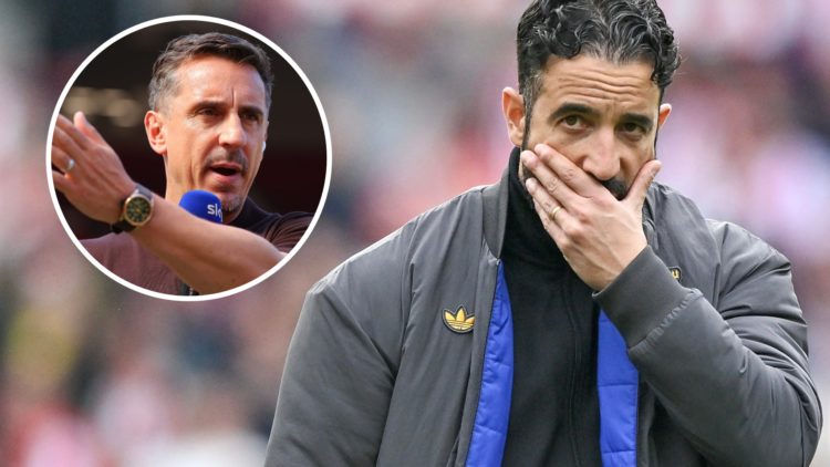 Manchester United head coach Ruben Amorim, inset of pundit Gary Neville speaking into a microphone.