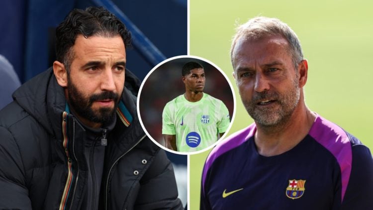 Split image of Manchester United head coach Ruben Amorim, Barcelona manager Hansi Flick, inset of Marcus Rashford.