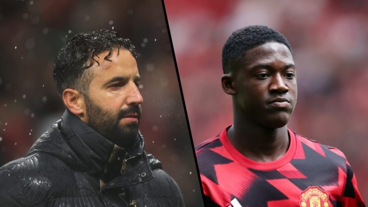 Split image, Ruben Amorim in the rain looking ahead and Kobbie Mainoo in Manchester United training top.