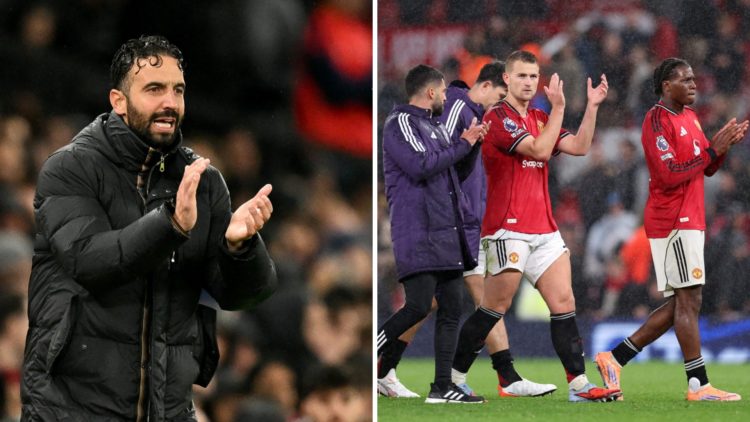 Manchester United head coach Ruben Amorim applauds, players celebrate after beating Chelsea in the Premier League.