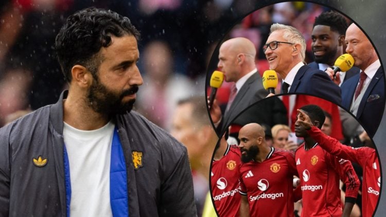 Ruben Amorim during the Premier League match against Burnley at Old Trafford, inset Gary Lineker and Alan Shearer, inset Manchester United players.