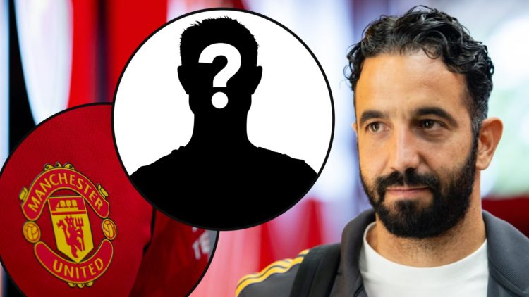 Ruben Amorim arrives ahead of the Premier League match between Manchester United and Burnley at Old Trafford, inset the Red Devils’ club crest.