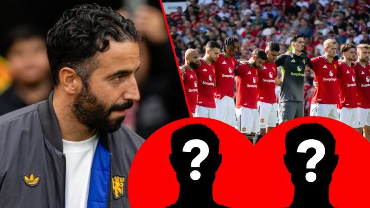 Manchester United players ahead of the Premier League match against Arsenal at Old Trafford, inset Red Devils manager Ruben Amorim.