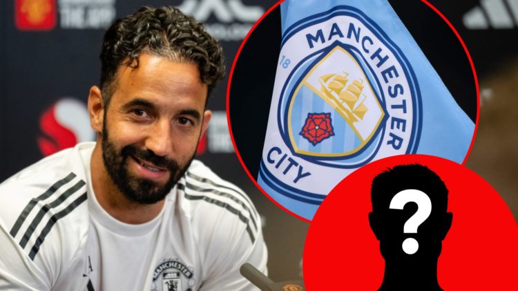 Manchester United head coach Ruben Amorim speaks at a press conference at the Carrington training complex, inset the Manchester City club crest.