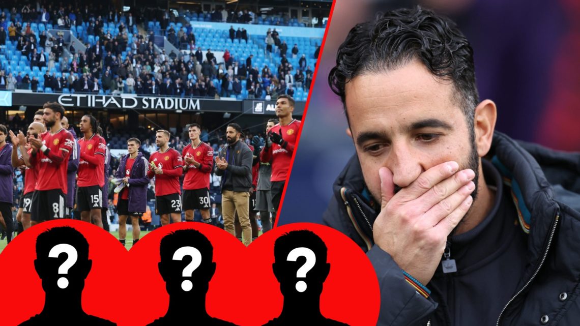 Ruben Amorim looks dejected during the Premier League match against Manchester City at the Etihad, inset Manchester United players after the Manche...