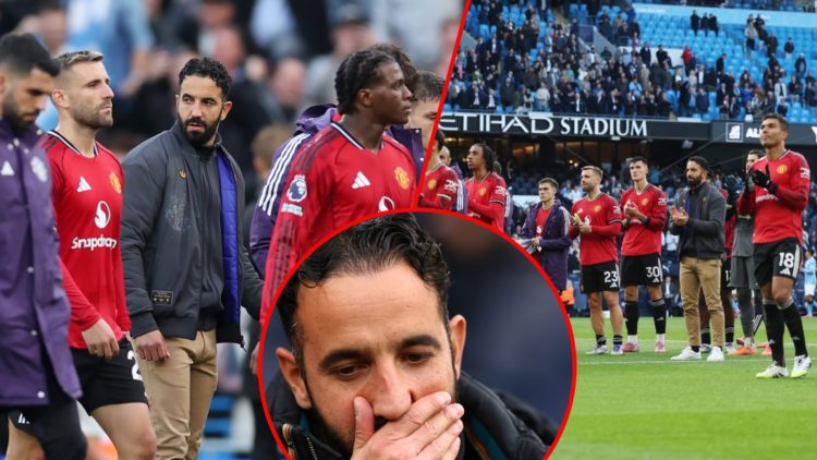 Ruben Amorim after the Premier League match against Manchester City, inset Manchester United players at the Etihad Stadium, inset the Red Devils ma...