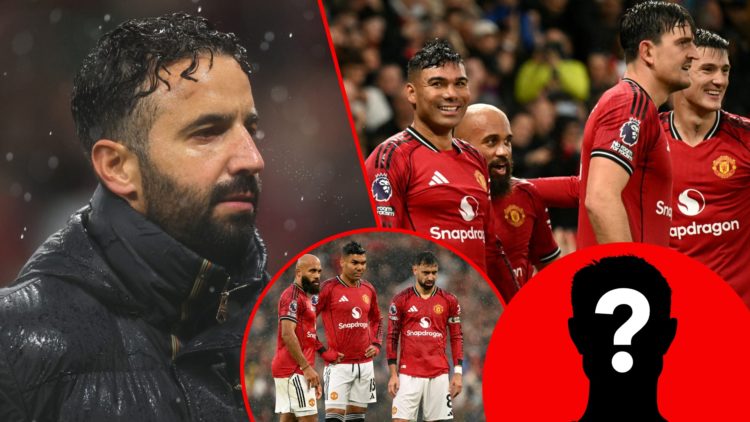 Ruben Amorim during the Premier League match against Chelsea, inset Casemiro, Bryan Mbeumo and Bruno Fernandes, inset Manchester United players at ...