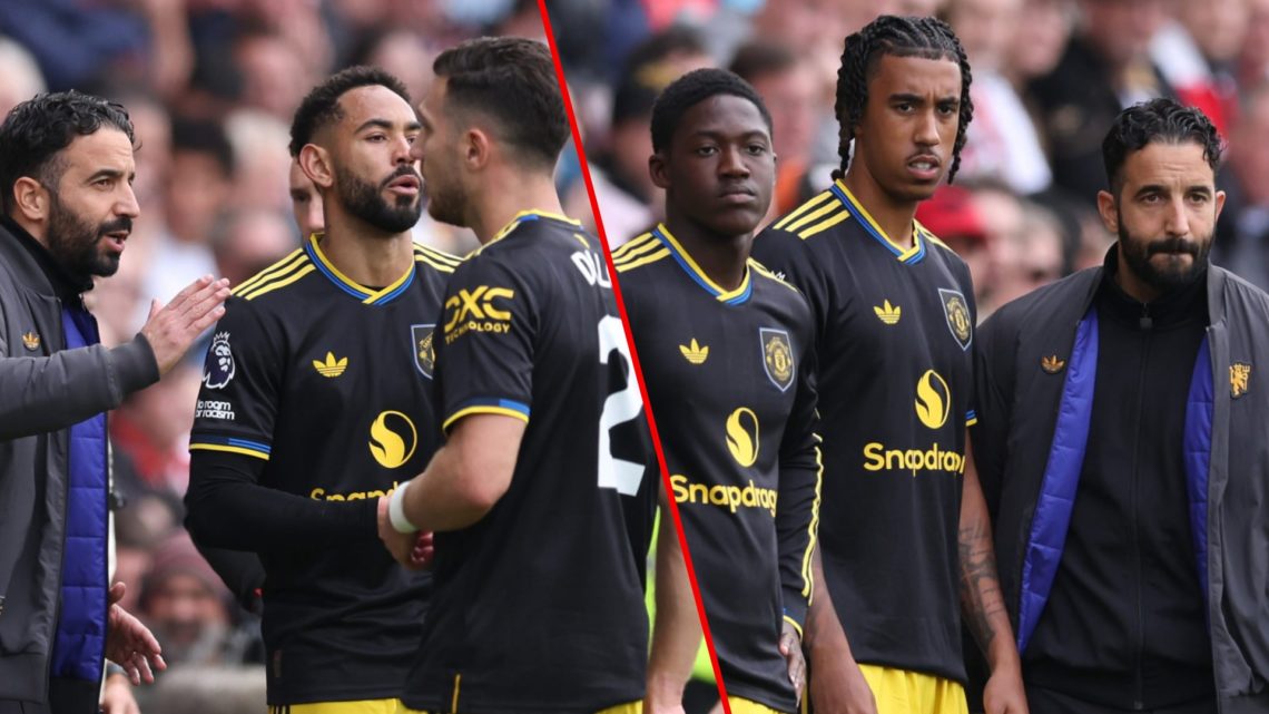 Ruben Amorim with Diogo Dalot and Matheus Cunha during the Premier League match against Brentford at the Gtech Community Stadium, inset the Manches...