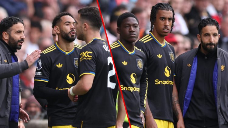 Ruben Amorim with Diogo Dalot and Matheus Cunha during the Premier League match against Brentford at the Gtech Community Stadium, inset the Manches...