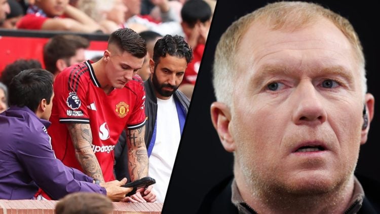 Benjamin Sesko and Ruben Amorim during the Premier League match between Manchester United and Burnley at Old Trafford, inset Paul Scholes.