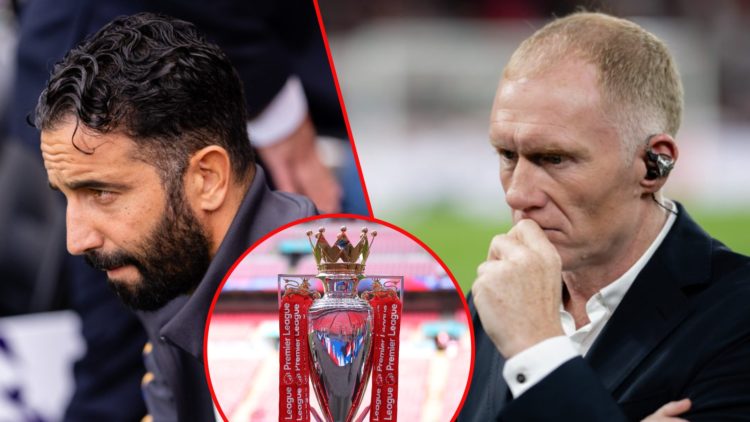 Manchester United manager Ruben Amorim at Craven Cottage for the Fulham match, inset Paul Scholes, inset the Premier League trophy won by Liverpool.