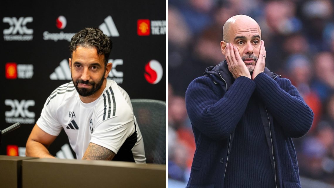 Split image of Manchester United head coach Ruben Amorim in a press conference and Manchester City manager Pep Guardiola.