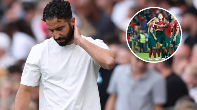Manchester United head coach Ruben Amorim rubs his neck, inset of Diogo Dalot for Portugal.