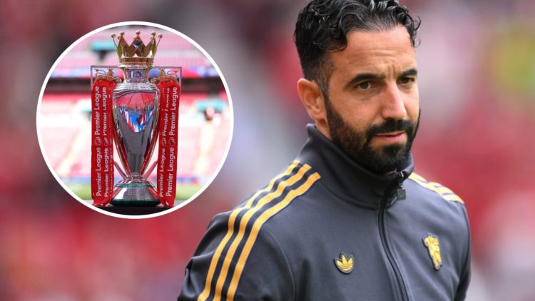 Manchester United head coach Ruben Amorim with inset of the Premier League trophy.