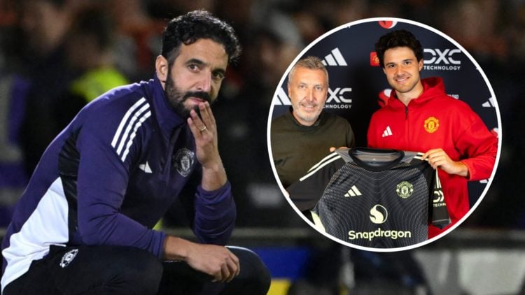 Manchester United head coach Ruben Amorim, inset of Senne Lammens signing.