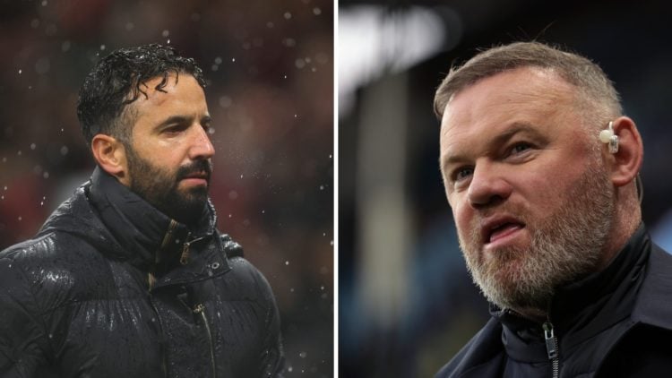 Split image of Manchester United head coach Ruben Amorim and all-time top goalscorer Wayne Rooney as a pundit.