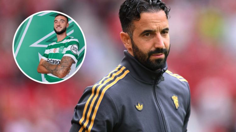 Manchester United head coach Ruben Amorim at Old Trafford, inset of Zeno Debast at Sporting Lisbon.