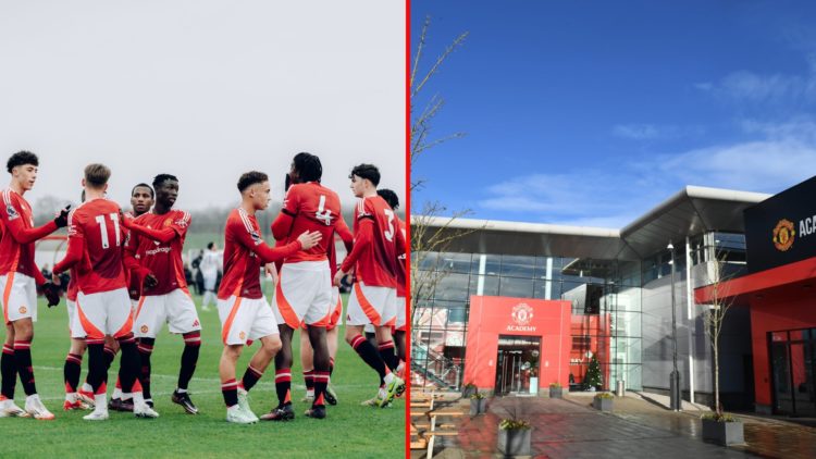 The Manchester United Academy prior to the Premier League 2 match between Manchester United Under-21 and Newcastle United Under-21 at the Carringto...