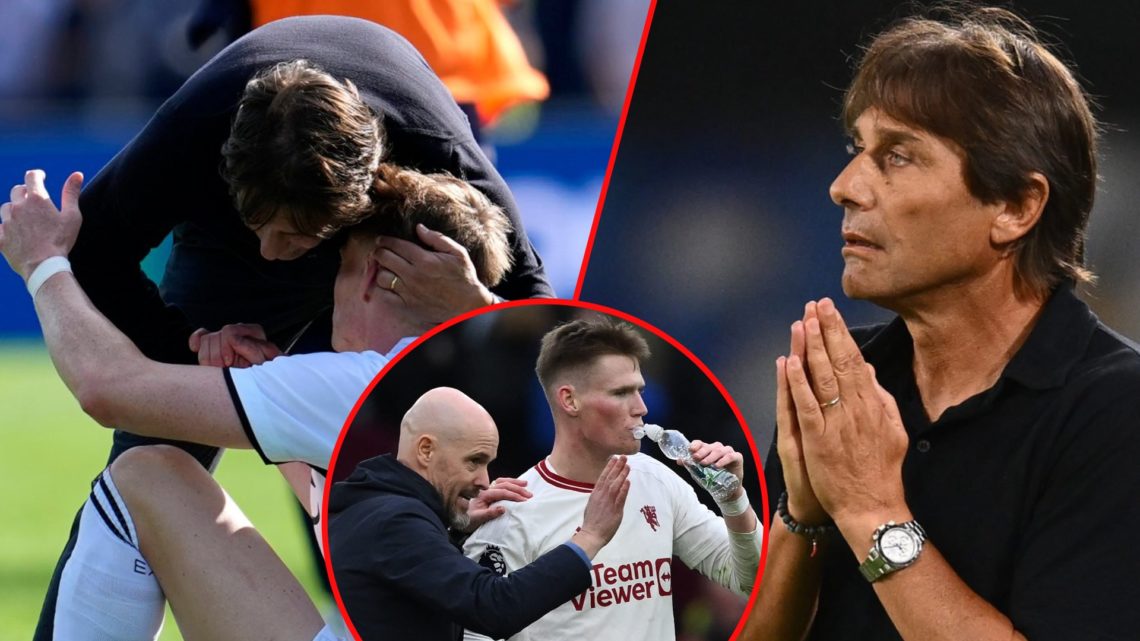 Antonio Conte and Scott McTominay after a Serie A match, inset the Napoli manager, inset the former Manchester United midfielder with Erik ten Hag.