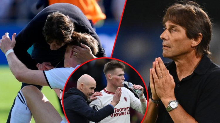 Antonio Conte and Scott McTominay after a Serie A match, inset the Napoli manager, inset the former Manchester United midfielder with Erik ten Hag.