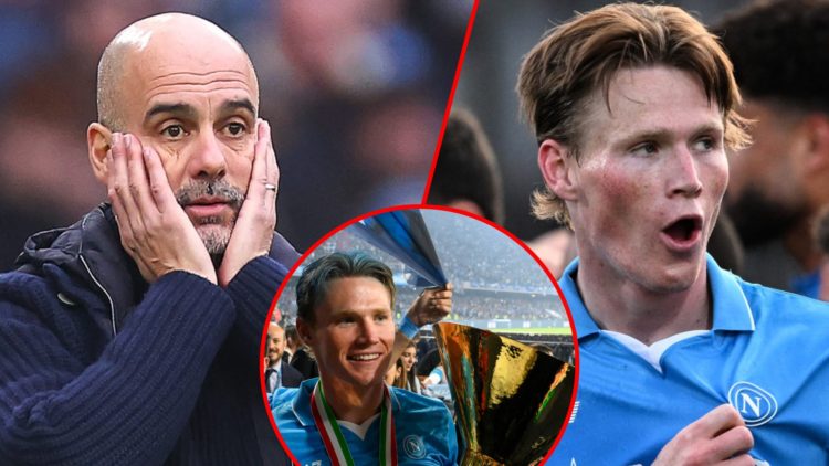 Scott McTominay during a Serie A match against Monza, inset Manchester City manager Pep Guardiola, inset the former Manchester United midfielder.