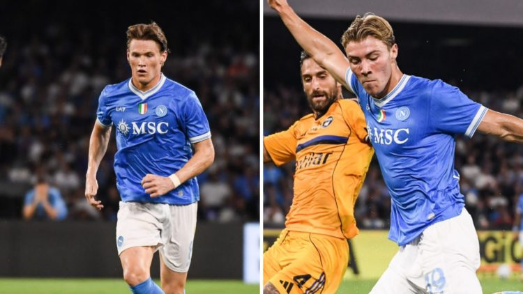 Split image of Scott McTominay and Rasmus Hojlund in action for Napoli against Pisa.