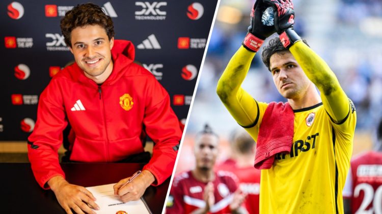 Manchester United unveil Senne Lammens as new signing, split image of Lammens applauding fans.