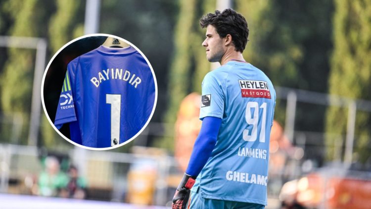 Senne Lammens in action for Royal Antwerp as No.91, inset of Altay Bayindir's No.1 shirt at Manchester United.