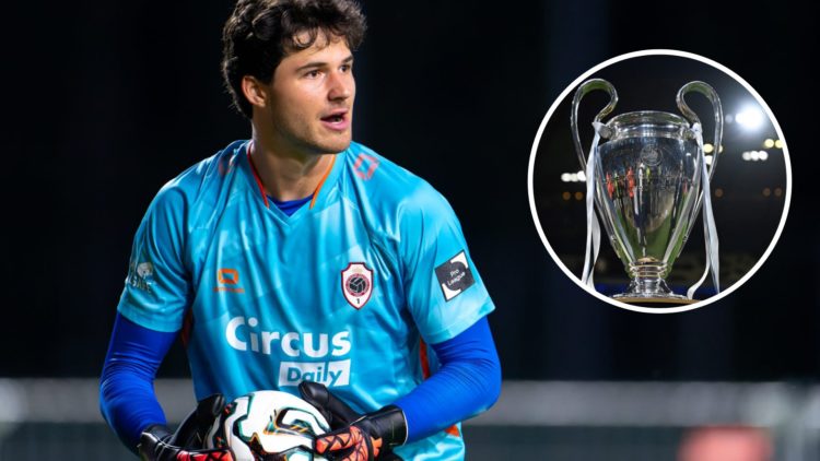 Manchester United goalkeeper Senne Lammens in action, inset of the Champions League trophy.