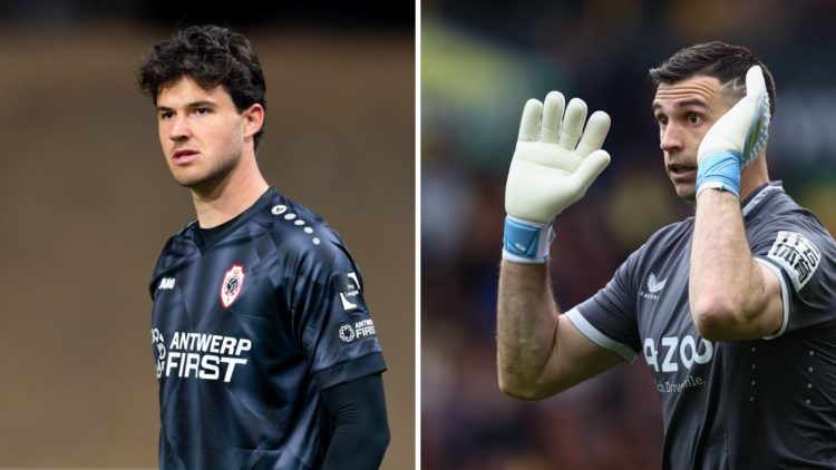 Split image of Manchester United goalkeeper targets Senne Lammens and Emiliano Martinez.