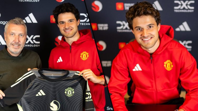 Senne Lammens poses after signing for Manchester United at the Carrington training complex in 2025, inset the former Royal Antwerp star with Jason ...