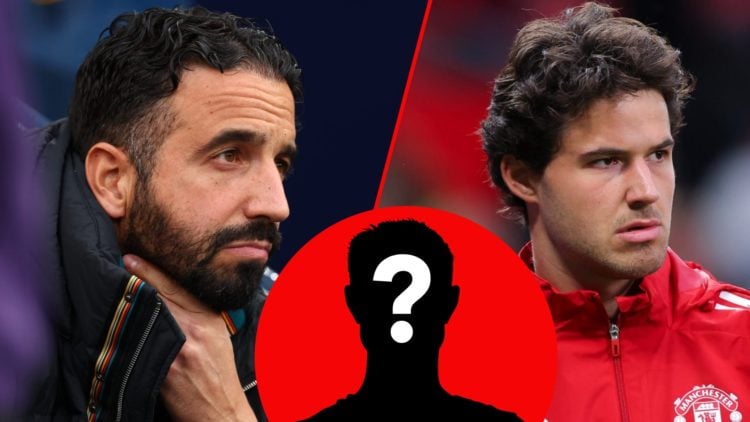 Former Royal Antwerp star Senne Lammens during the Premier League match between Manchester United and Chelsea at Old Trafford, inset Ruben Amorim.