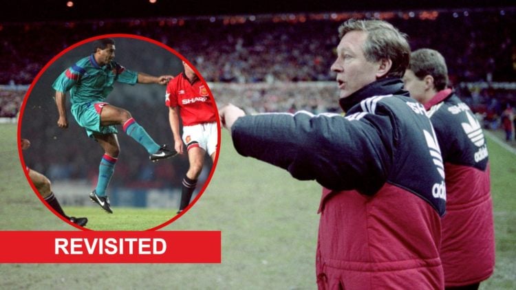 Sir Alex Ferguson checks watch, with Romario scoring for Barcelona inset