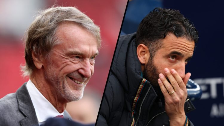 Split image, Sir Jim Ratcliffe smiling close up and Ruben Amorim with head in his hands.